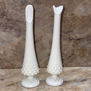 2 Vintage Fenton White Hobnail Milk Glass Swung Bud Vases 9-3/4”H